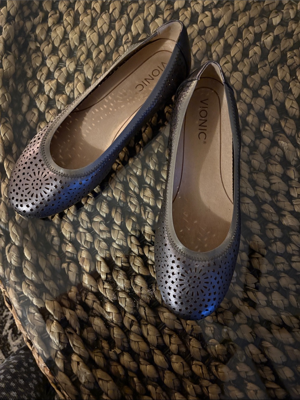 Vionic Metallic Silver Perforated Ballet Flats